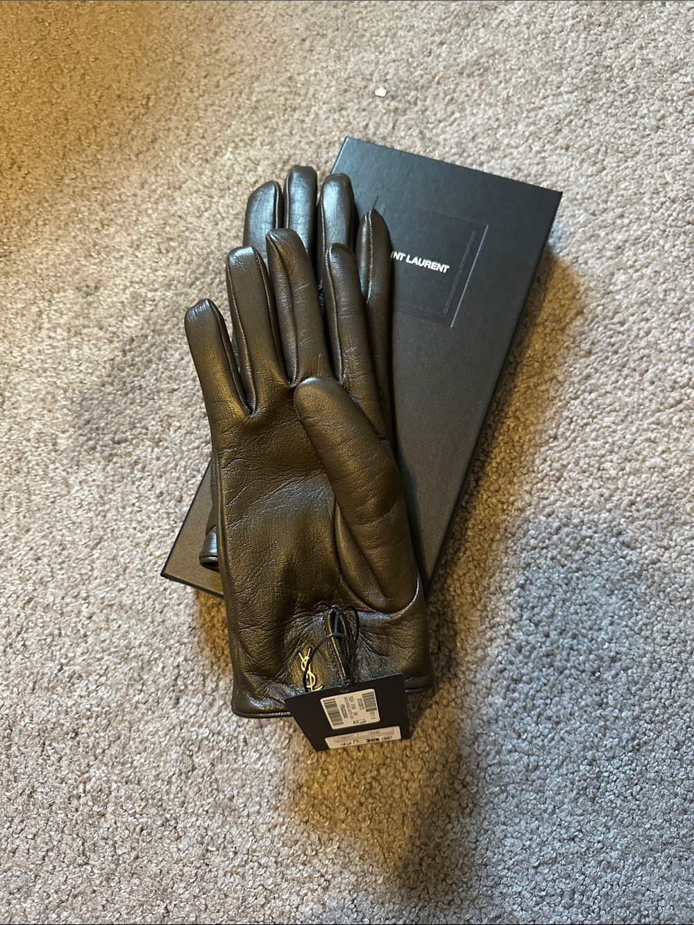 Saint Laurent Brown Leather Logo-Tab Gloves